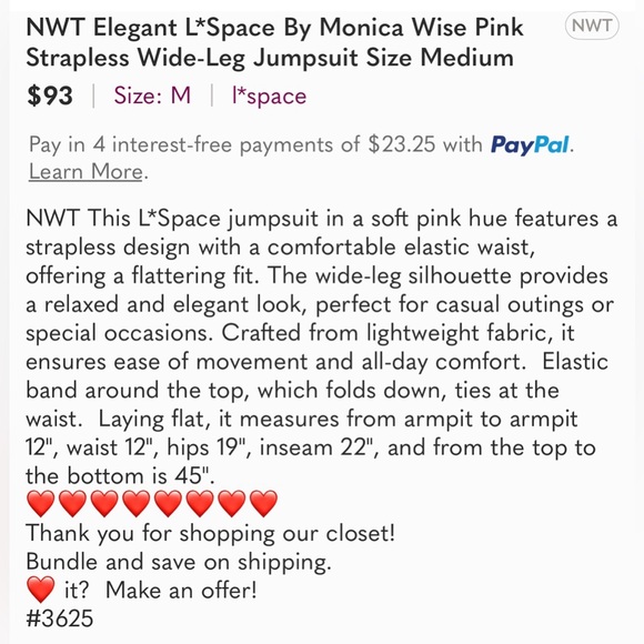 NWT Elegant L*Space By Monica Wise Pink Strapless Wide-Leg Jumpsuit Size Medium